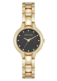 Anne Klein Women's Quartz Delicate Crystal Accented Black Dial Gold-Tone Alloy Metal Watch, 28mm