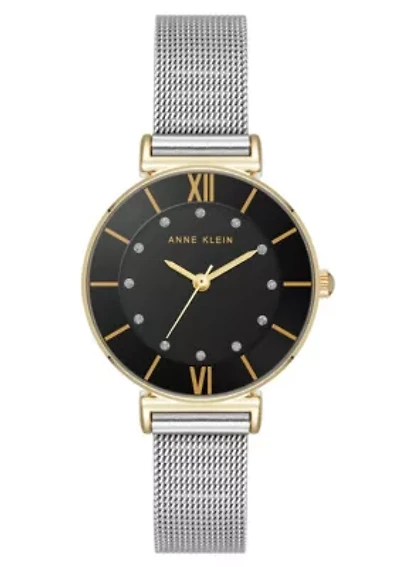 Anne Klein Women's Quartz Premium Round Silver-Tone Stainless Steel Mesh and Black Dial Watch, 29mm