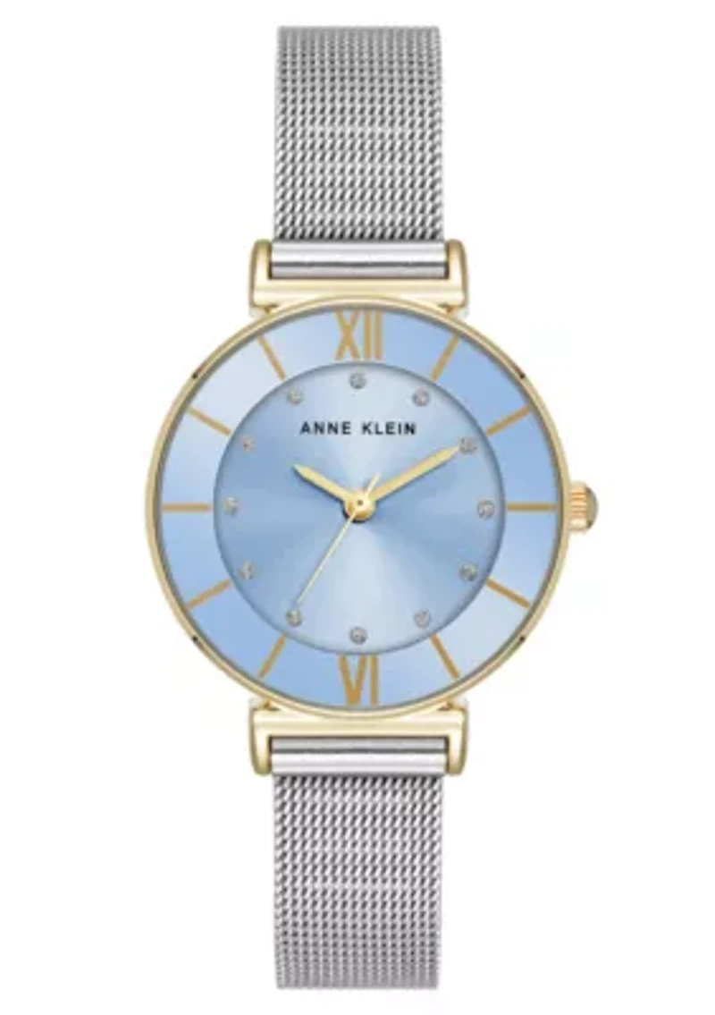 Anne Klein Women's Quartz Premium Round Two-Tone Stainless Steel Mesh and Light Blue Dial Watch, 29mm