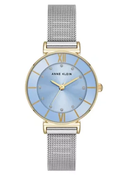 Anne Klein Women's Quartz Premium Round Two-Tone Stainless Steel Mesh and Light Blue Dial Watch, 29mm