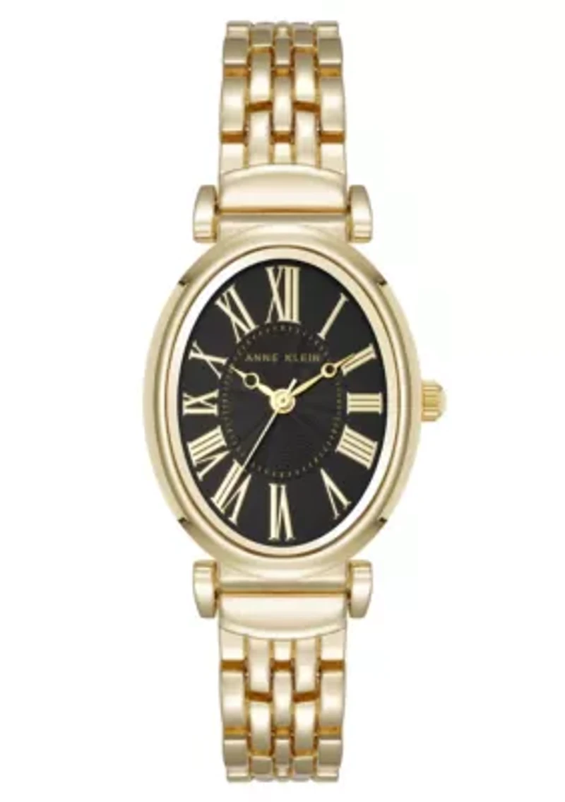 Anne Klein Women's Quartz Oval Roman Numeral Gold-Tone Metal Alloy and Black Dial Watch, 25mm