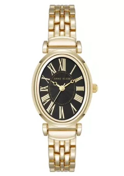 Anne Klein Women's Quartz Oval Roman Numeral Gold-Tone Metal Alloy and Black Dial Watch, 25mm