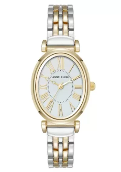 Anne Klein Women's Quartz Oval Roman Numeral Two-Tone Metal Alloy and Light Blue Dial Watch, 25mm