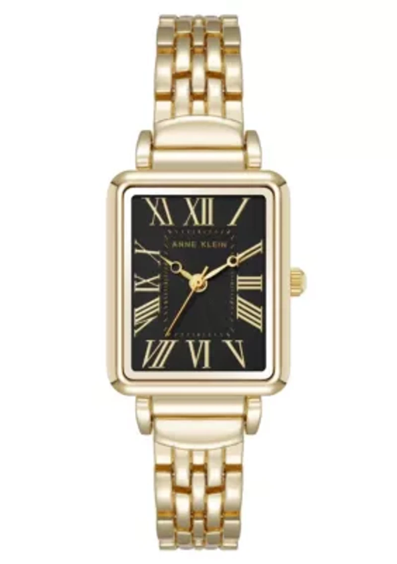 Anne Klein Women's Quartz Rectangular Roman Numeral Gold-Tone Metal Alloy and Black Dial Watch, 23mm