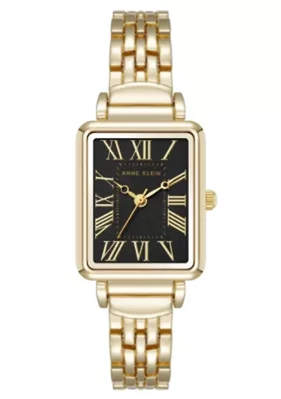 Anne Klein Women's Quartz Rectangular Roman Numeral Gold-Tone Metal Alloy and Black Dial Watch, 23mm