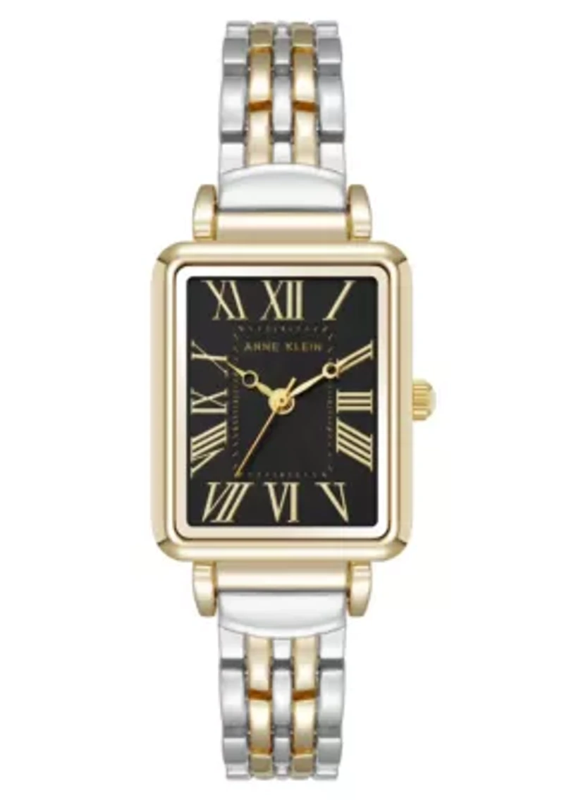 Anne Klein Women's Quartz Rectangular Roman Numeral Two-Tone Metal Alloy and Black Dial Watch, 23mm