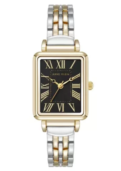 Anne Klein Women's Quartz Rectangular Roman Numeral Two-Tone Metal Alloy and Black Dial Watch, 23mm