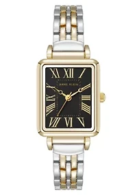 Anne Klein Women's Quartz Rectangular Roman Numeral Two-Tone Metal Alloy and Black Dial Watch, 23mm