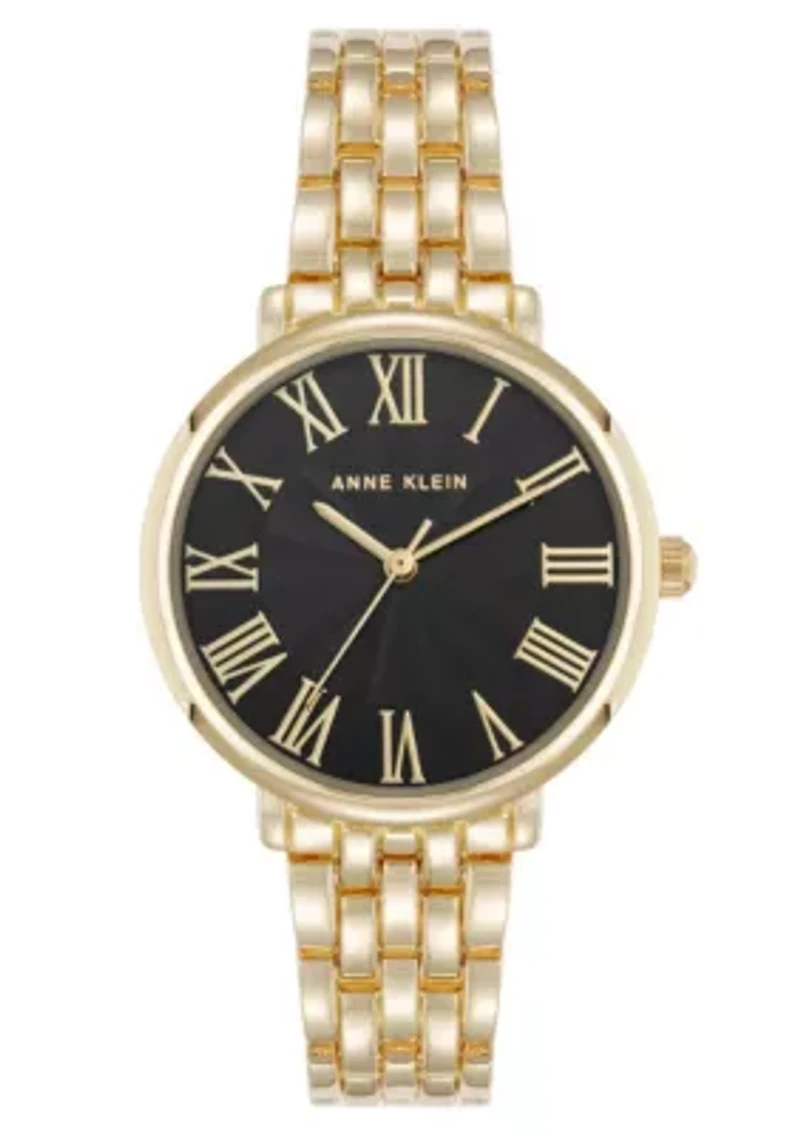 Anne Klein Women's Quartz Round Roman Numeral Gold-Tone Metal Alloy and Black Dial Watch, 32mm