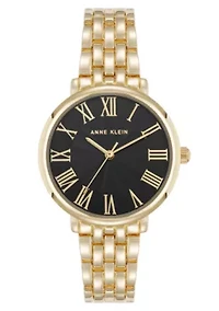 Anne Klein Women's Quartz Round Roman Numeral Gold-Tone Metal Alloy and Black Dial Watch, 32mm