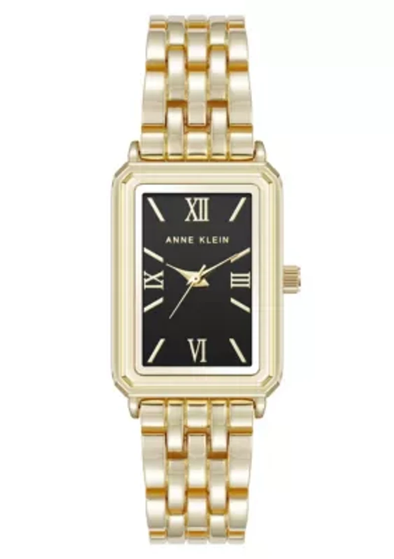 Anne Klein Women's Quartz Rectangular Estate Gold-Tone Metal Alloy and Black Dial Watch, 25mm