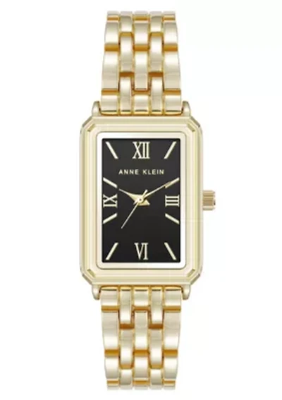 Anne Klein Women's Quartz Rectangular Estate Gold-Tone Metal Alloy and Black Dial Watch, 25mm