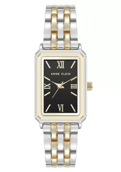 Anne Klein Women's Quartz Rectangular Estate Two-Tone Metal Alloy and Black Dial Watch, 25mm