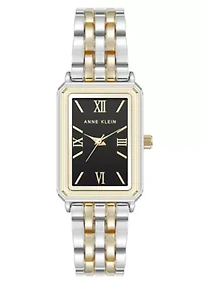 Anne Klein Women's Quartz Rectangular Estate Two-Tone Metal Alloy and Black Dial Watch, 25mm