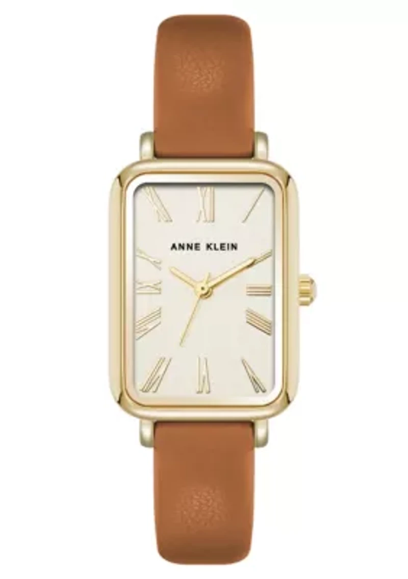 Anne Klein Women's Quartz Rectangular Brown PU Leather and Gold-Tone Metal Alloy Watch, 23mm