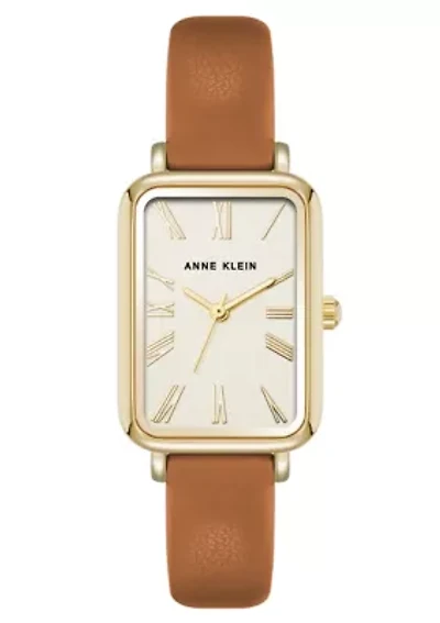 Anne Klein Women's Quartz Rectangular Brown PU Leather and Gold-Tone Metal Alloy Watch, 23mm