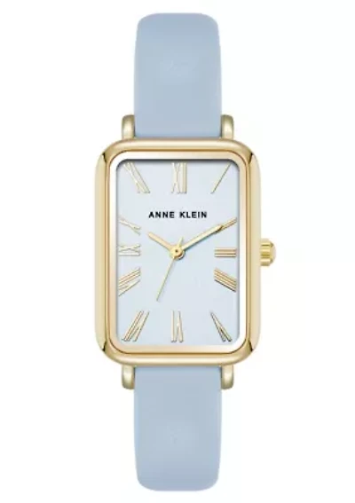 Anne Klein Women's Quartz Rectangular Light Blue PU Leather and Gold-Tone Metal Alloy Watch, 23mm