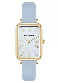 Anne Klein Women's Quartz Rectangular Light Blue PU Leather and Gold-Tone Metal Alloy Watch, 23mm