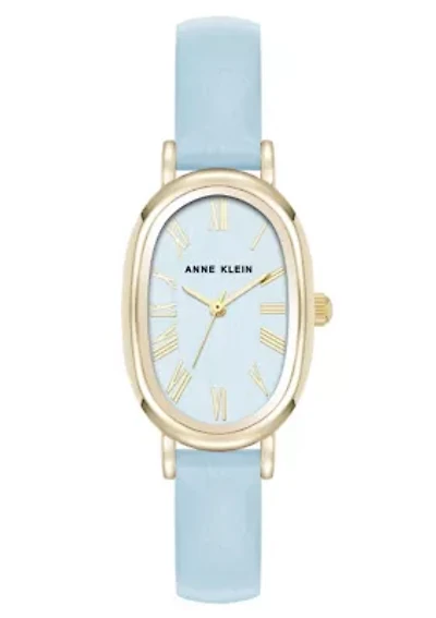 Anne Klein Women's Quartz Oval Light Blue PU Leather and Gold-Tone Metal Alloy Watch, 23mm