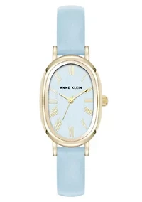Anne Klein Women's Quartz Oval Light Blue PU Leather and Gold-Tone Metal Alloy Watch, 23mm