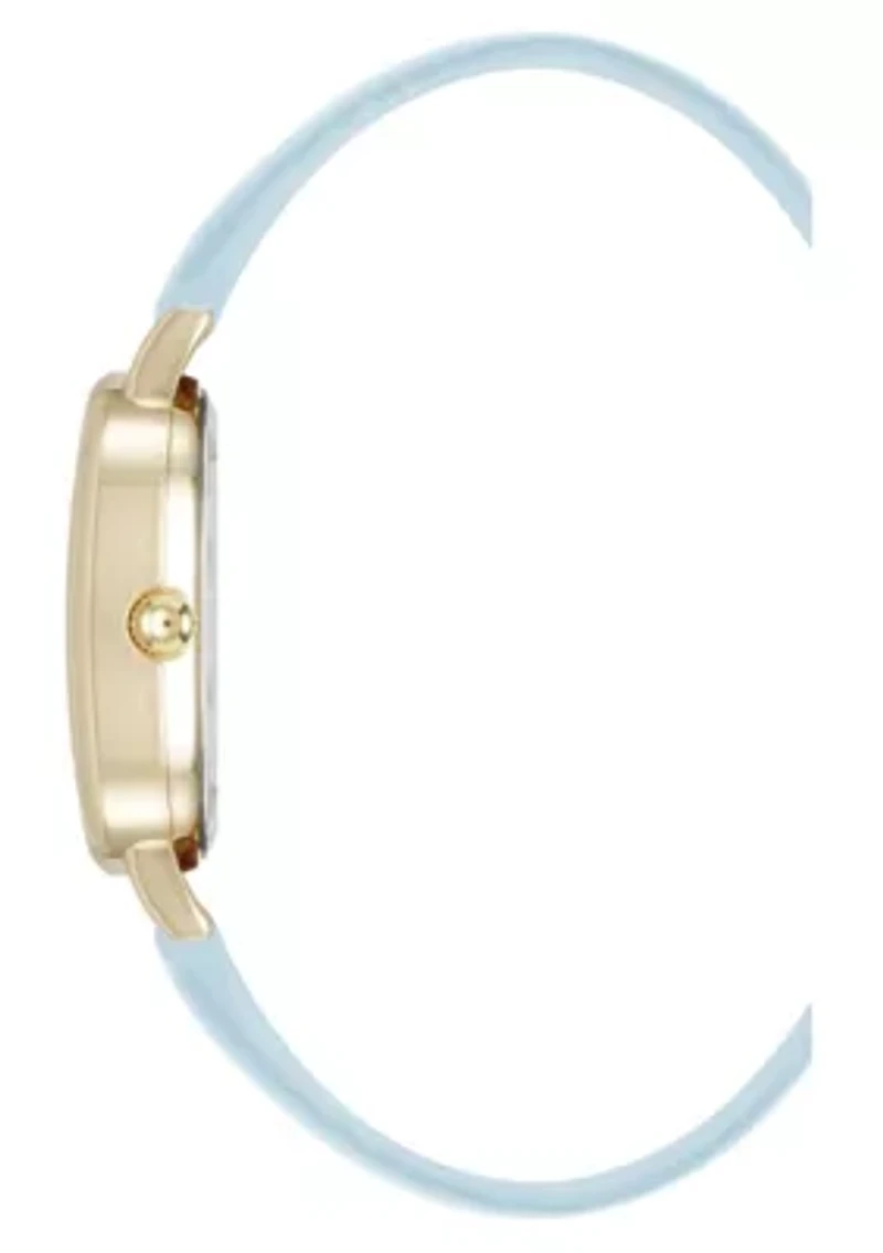 Anne Klein Women's Quartz Oval Light Blue PU Leather and Gold-Tone Metal Alloy Watch, 23mm