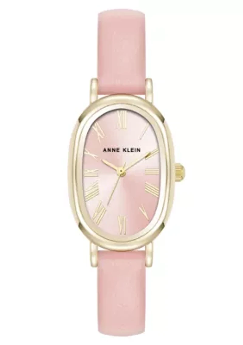 Anne Klein Women's Quartz Oval Pink PU Leather and Gold-Tone Metal Alloy Watch, 23mm