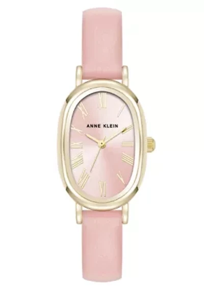 Anne Klein Women's Quartz Oval Pink PU Leather and Gold-Tone Metal Alloy Watch, 23mm