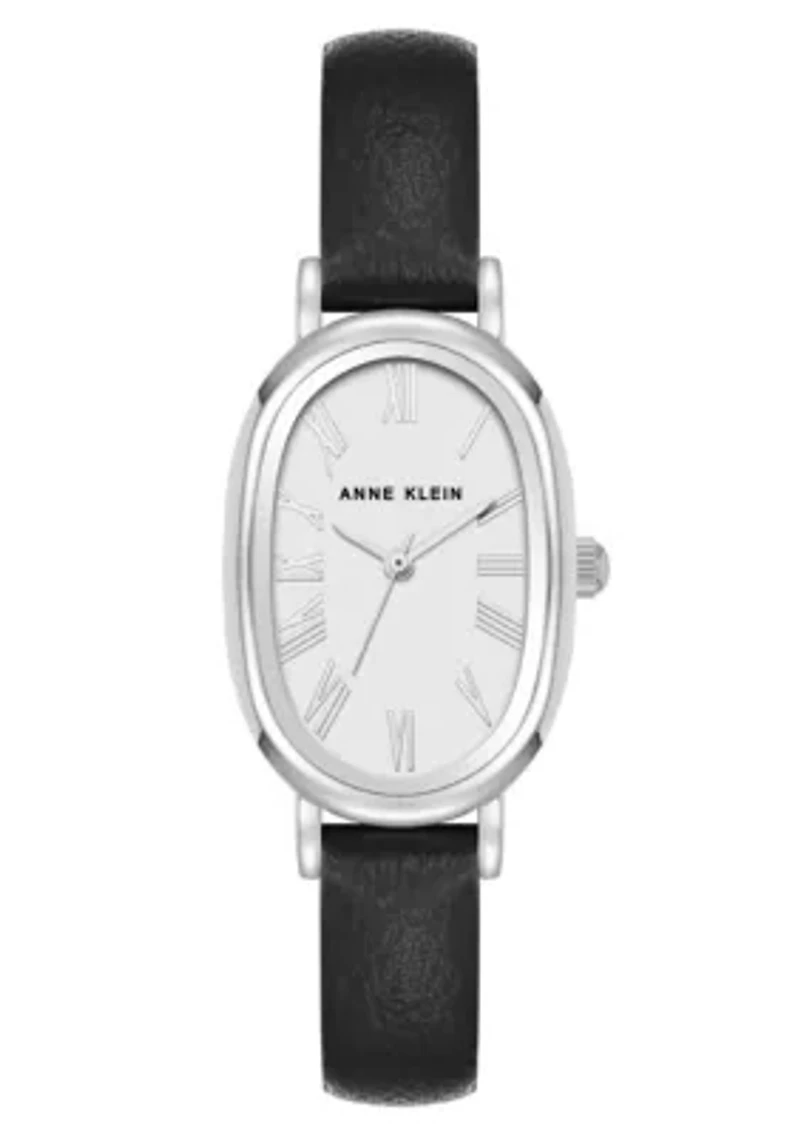 Anne Klein Women's Quartz Oval Black PU Leather and Silver-Tone Metal Alloy Watch, 23mm