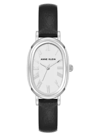 Anne Klein Women's Quartz Oval Black PU Leather and Silver-Tone Metal Alloy Watch, 23mm