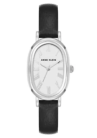 Anne Klein Women's Quartz Oval Black PU Leather and Silver-Tone Metal Alloy Watch, 23mm