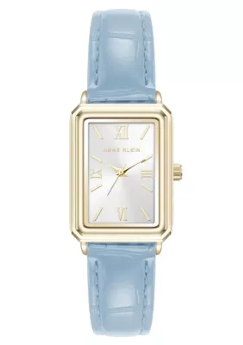 Anne Klein Women's Quartz Casual Light Blue PU Leather and Gold-Tone Metal Alloy Watch, 25mm