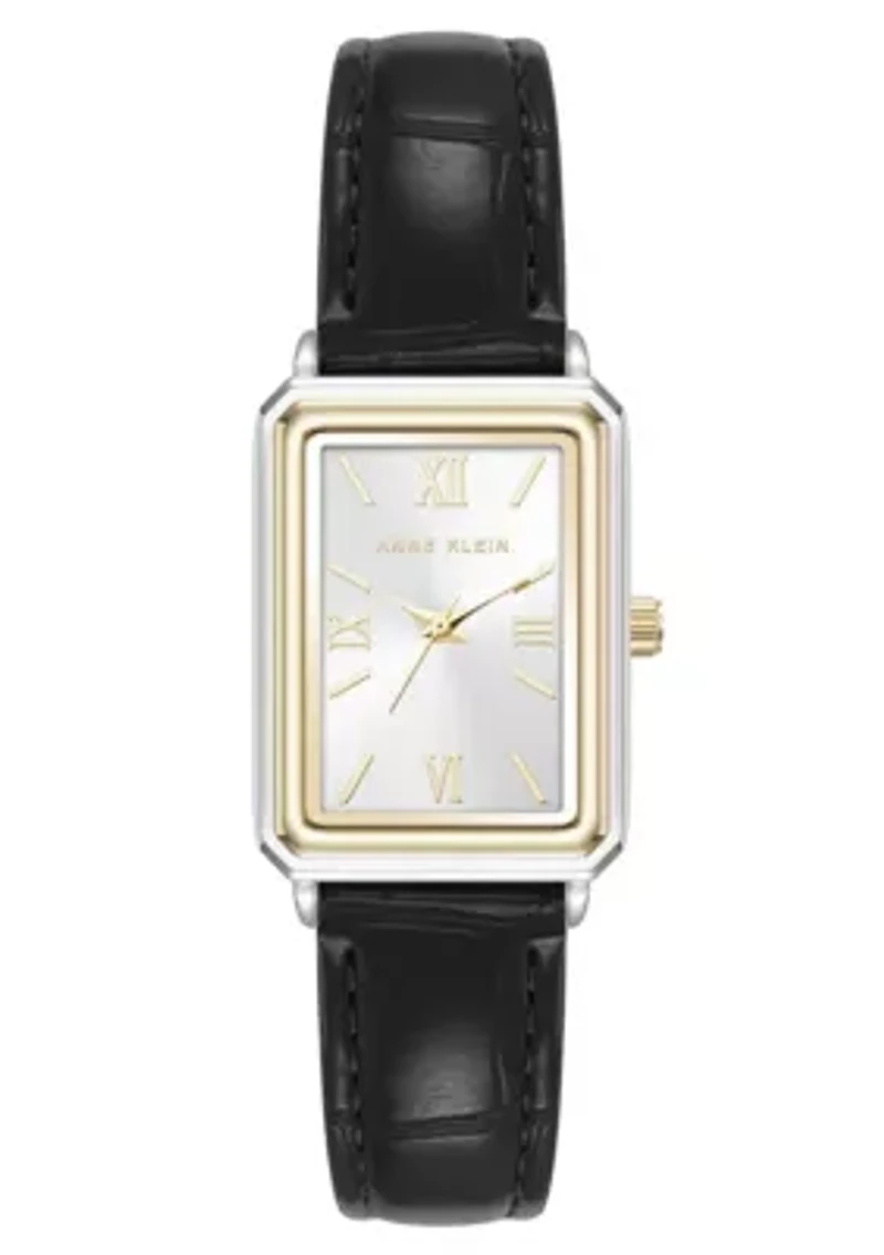 Anne Klein Women's Quartz Casual Black PU Leather and Two-Tone Metal Alloy Watch, 25mm