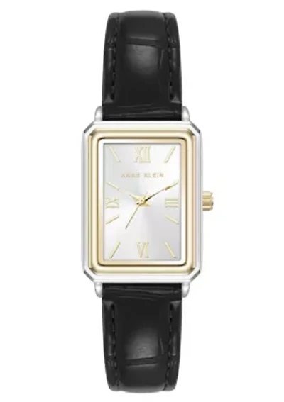 Anne Klein Women's Quartz Casual Black PU Leather and Two-Tone Metal Alloy Watch, 25mm