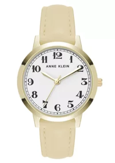 Anne Klein Women's Quartz Casual Cream PU Leather and Gold-Tone Metal Alloy Boyfriend Watch, 34mm