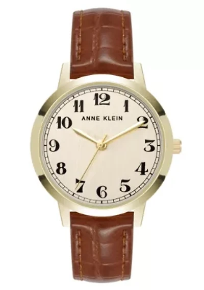 Anne Klein Women's Quartz Casual Brown PU Leather and Gold-Tone Metal Alloy Boyfriend Watch, 34mm