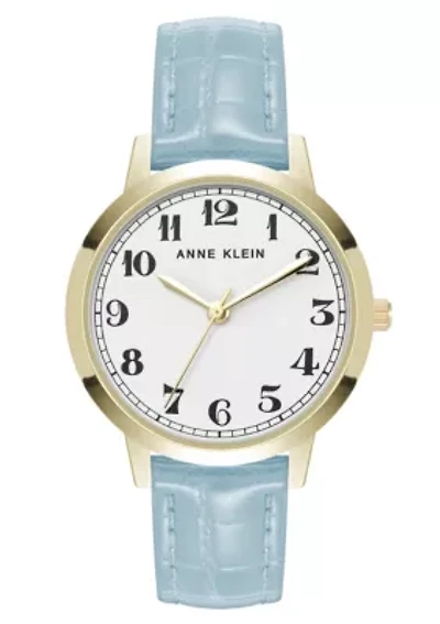 Anne Klein Women's Quartz Casual Light Blue PU Leather and Gold-Tone Metal Alloy Boyfriend Watch, 34mm