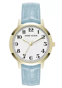 Anne Klein Women's Quartz Casual Light Blue PU Leather and Gold-Tone Metal Alloy Boyfriend Watch, 34mm