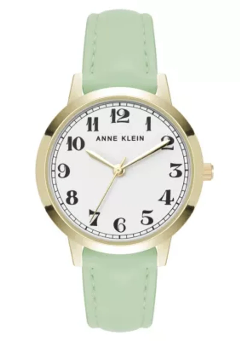 Anne Klein Women's Quartz Casual Mint PU Leather and Gold-Tone Metal Alloy Boyfriend Watch, 34mm