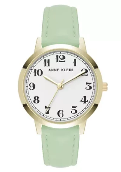 Anne Klein Women's Quartz Casual Mint PU Leather and Gold-Tone Metal Alloy Boyfriend Watch, 34mm