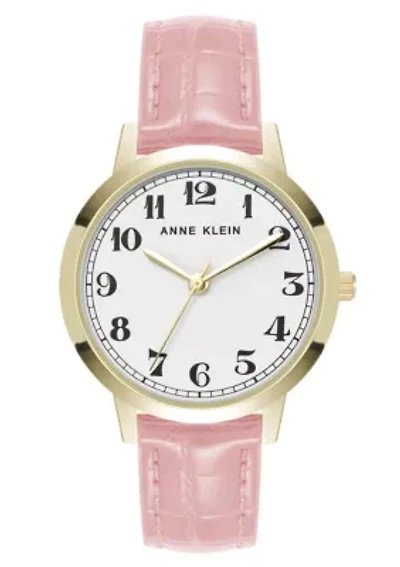 Anne Klein Women's Quartz Casual Pink PU Leather and Gold-Tone Metal Alloy Boyfriend Watch, 34mm