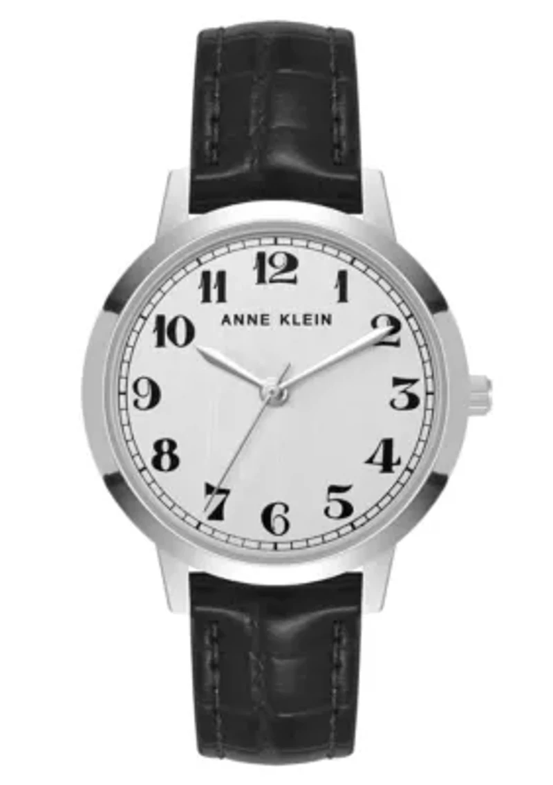 Anne Klein Women's Quartz Casual Black PU Leather and Silver-Tone Metal Alloy Boyfriend Watch, 34mm