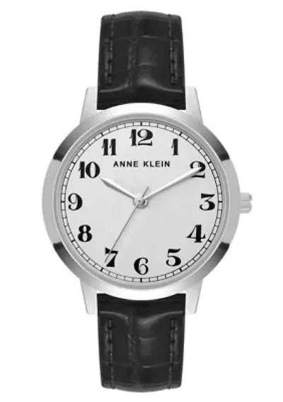 Anne Klein Women's Quartz Casual Black PU Leather and Silver-Tone Metal Alloy Boyfriend Watch, 34mm