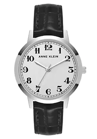 Anne Klein Women's Quartz Casual Black PU Leather and Silver-Tone Metal Alloy Boyfriend Watch, 34mm