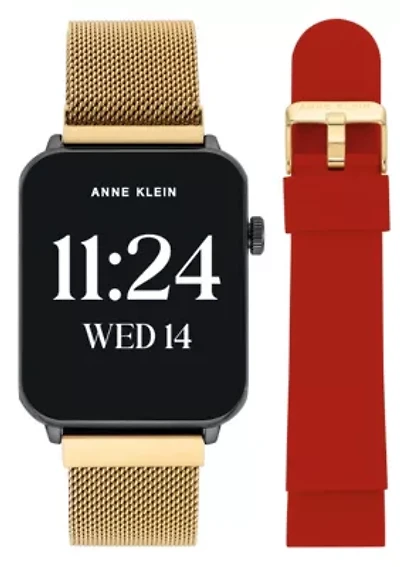 Anne Klein Women's Connect It Stellar Smartwatch with Gold-Tone Stainless Steel Mesh and Red Silicone Bands
