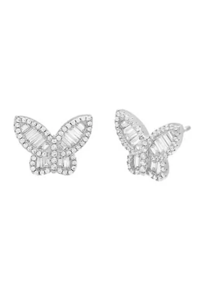 Sterling Silver Pave Baguette Butterfly Stud Earrings