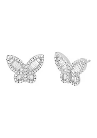 Sterling Silver Pave Baguette Butterfly Stud Earrings