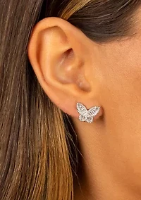 Sterling Silver Pave Baguette Butterfly Stud Earrings
