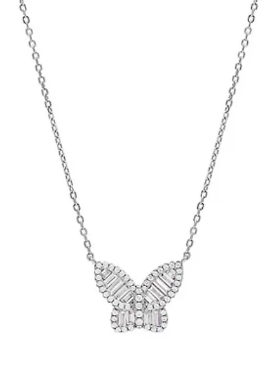 Sterling Silver Large Pavé X Baguette Butterfly Necklace