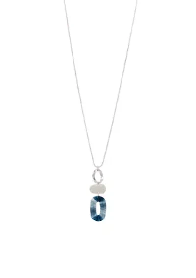 Silver Tone 34.5'' Long Triple Link Pendant Necklace with Ombré Blue Raffia Wrapped Accents in Chain 