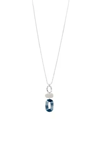 Silver Tone 34.5'' Long Triple Link Pendant Necklace with Ombré Blue Raffia Wrapped Accents in Chain 